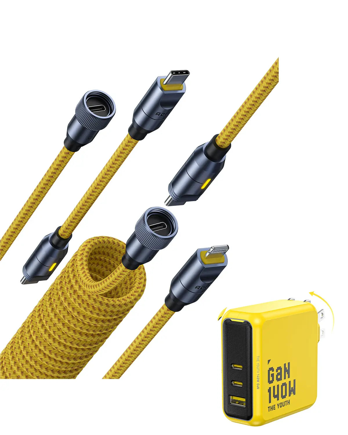 AOHI 240W 5 in 1 Nylon Creative Power Cable Set & Magcube 140W Pro GaN+ Fast Charger AOHi