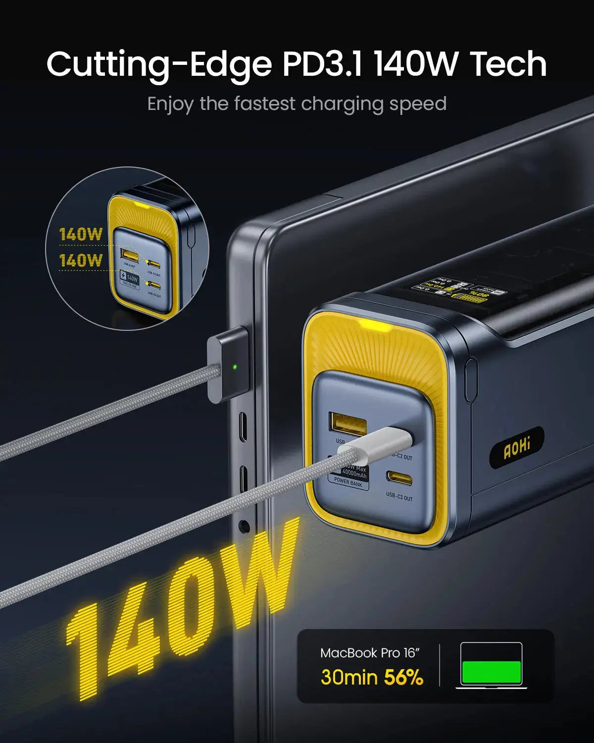 AOHI Starship 2-in-1 40000mAh PD3.1 140W Power Bank with 140W GaN+ 3-Port Fast Charger - AOHi