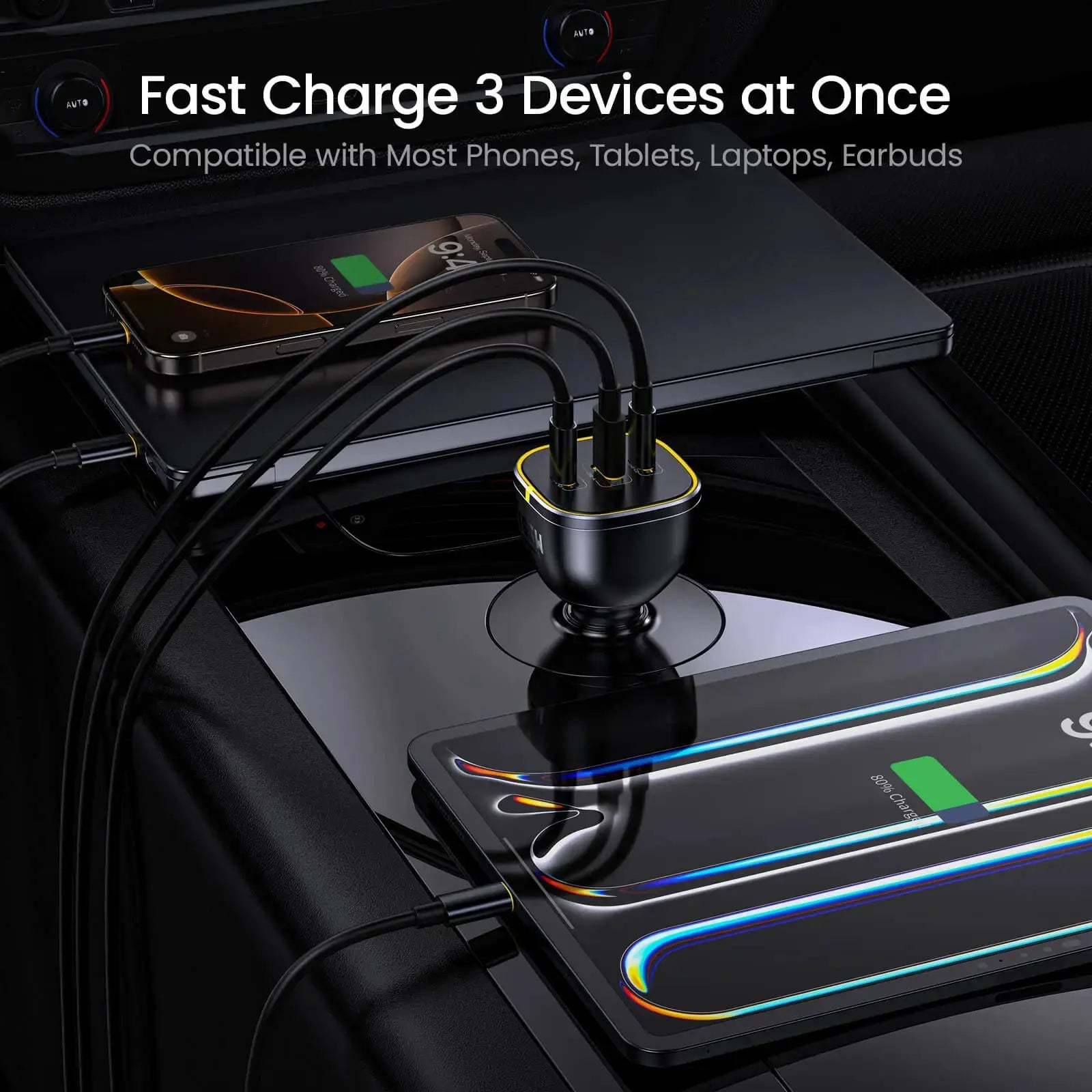 AOHI SUPERAUTO PD 165W Fast Car Charger with 140W USB C to USB C LED Cable 4FT AOHi