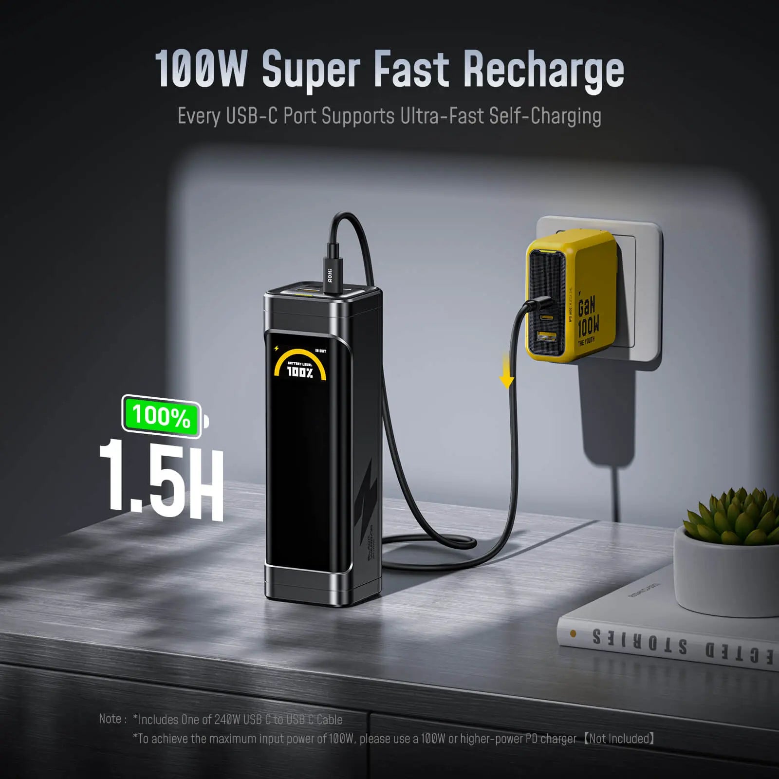 AOHI The BLACK WARRIOR 25,200mAh 170W PD3.0 LED Display Power Bank with 240W C-C Cable AOHI