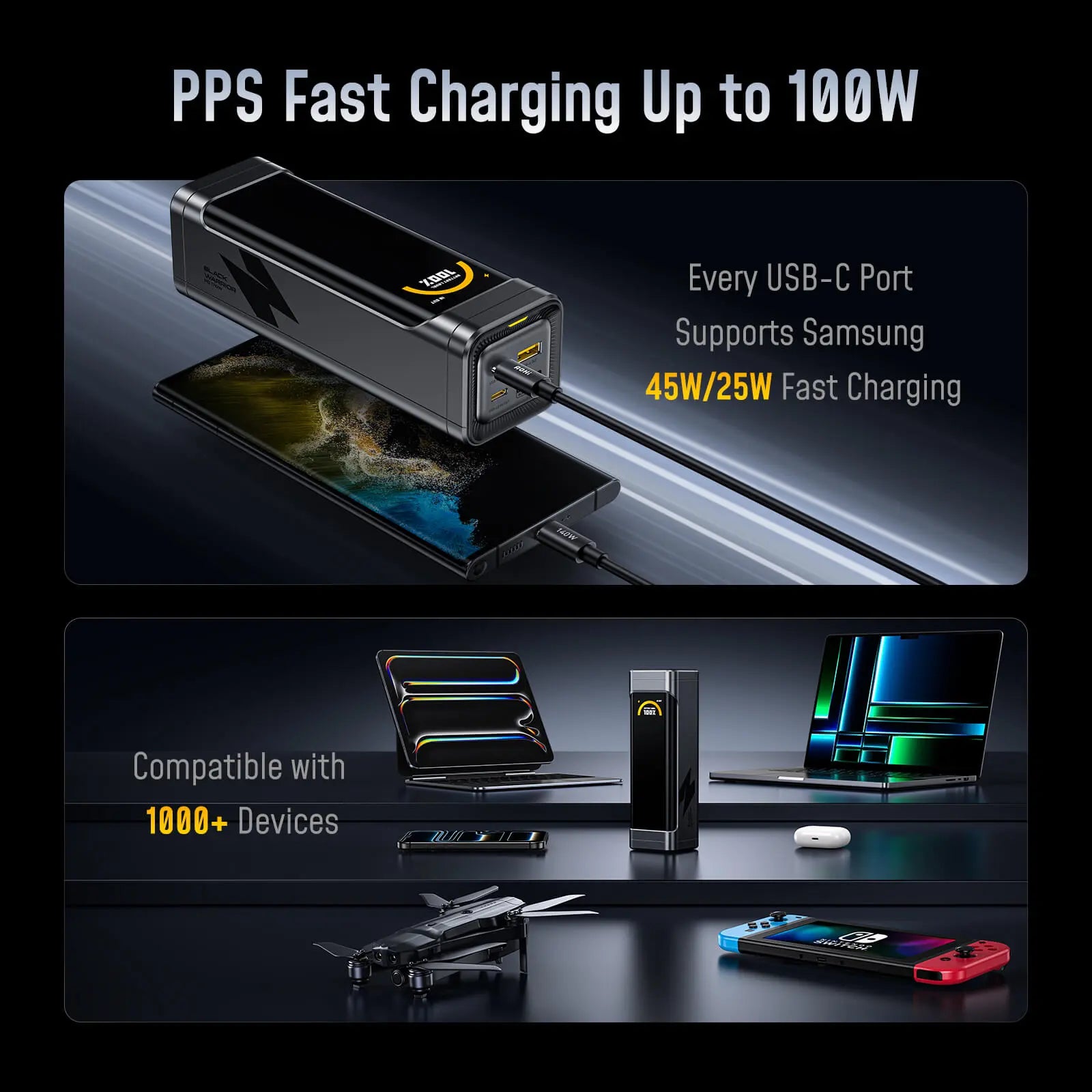 AOHI The BLACK WARRIOR 25,200mAh 170W PD3.0 LED Display Power Bank with 240W C-C Cable AOHI