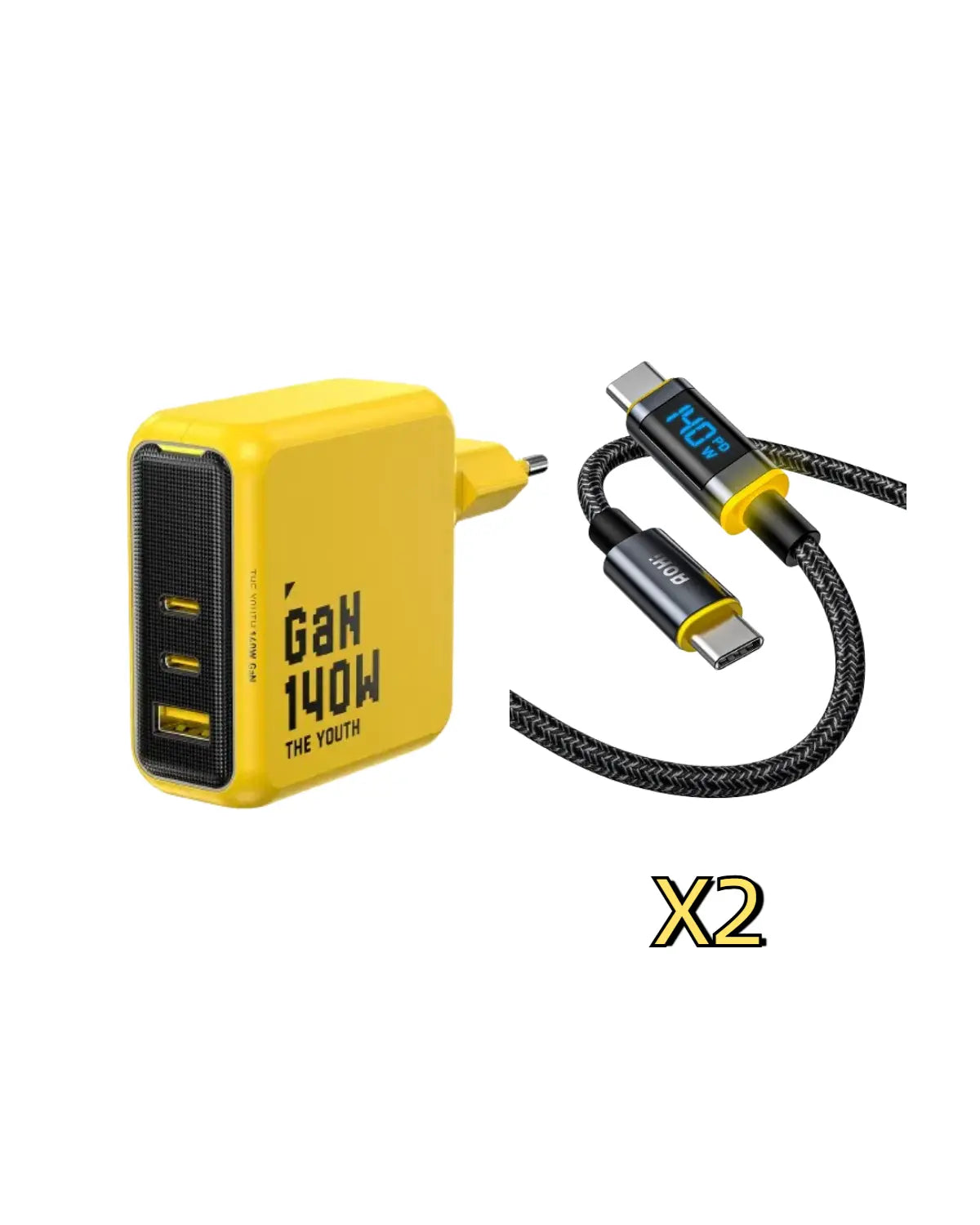 AOHI The Youth 140W PD3.1 GaN 3-Port Fast Charger (EU) with 140W USB C to USB C LED Cable 4FT AOHi