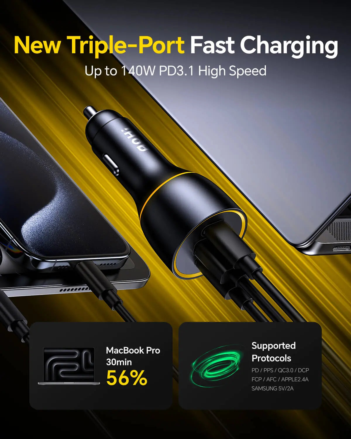AOHI SUPERAUTO PD GAN 170W Fast Car Charger (2USB-C & 1USB-A) AOHi