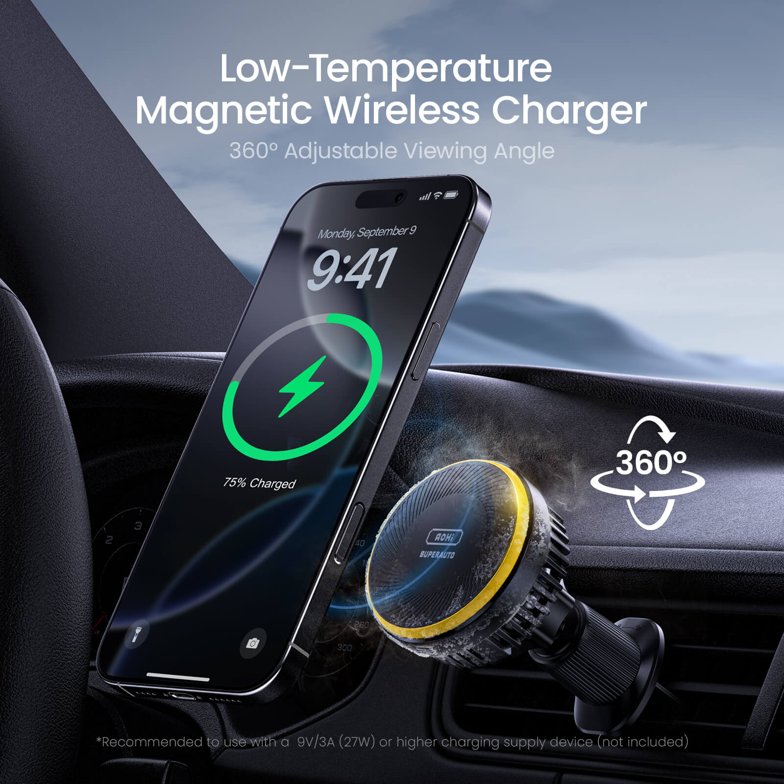 AOHI SUPERAUTO Self-Cooling Magnetic Wireless Car Charger with C-C Cable