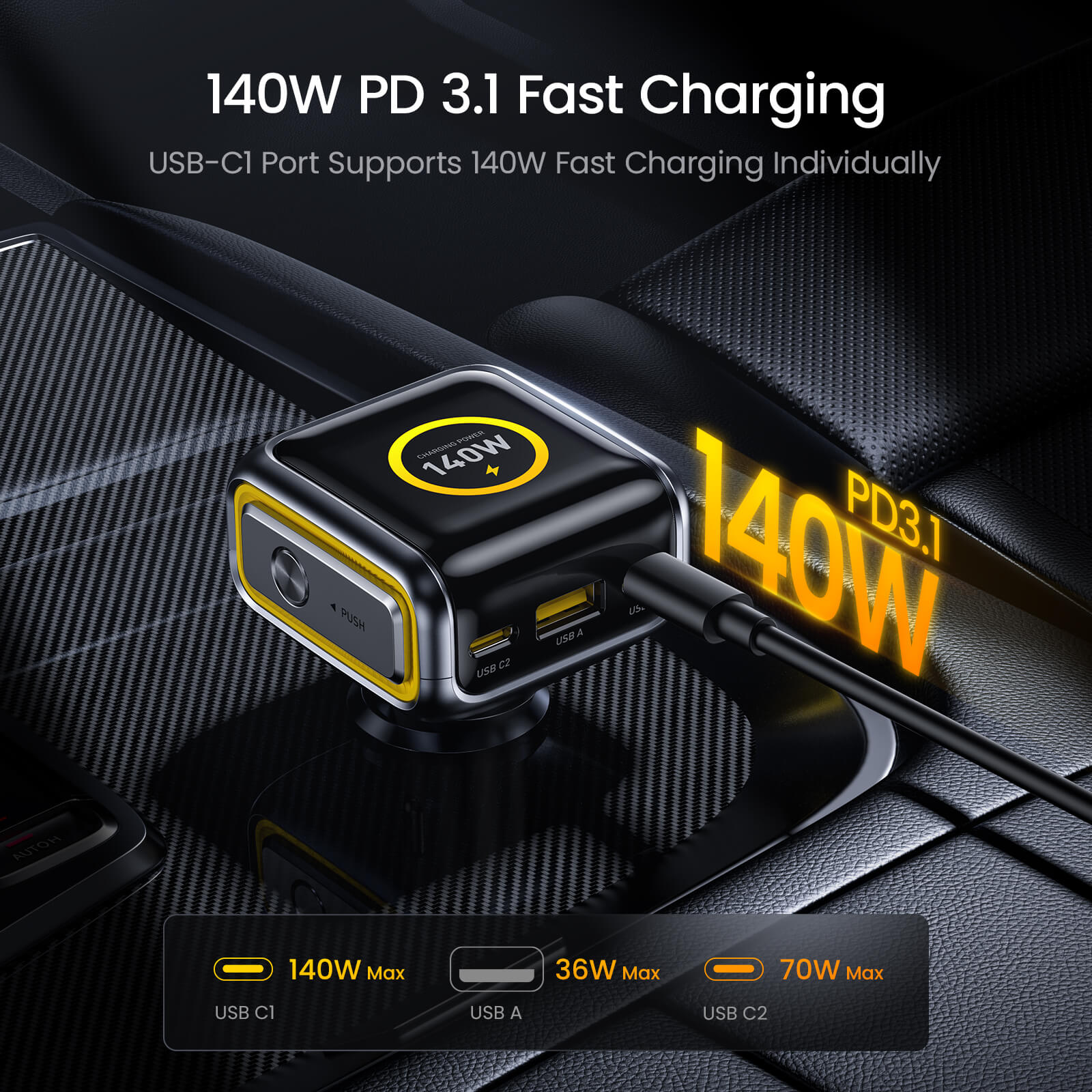 AOHI THE FUTURE AI PD GAN+ 170W 3-Port LED Display Fast Car Charger