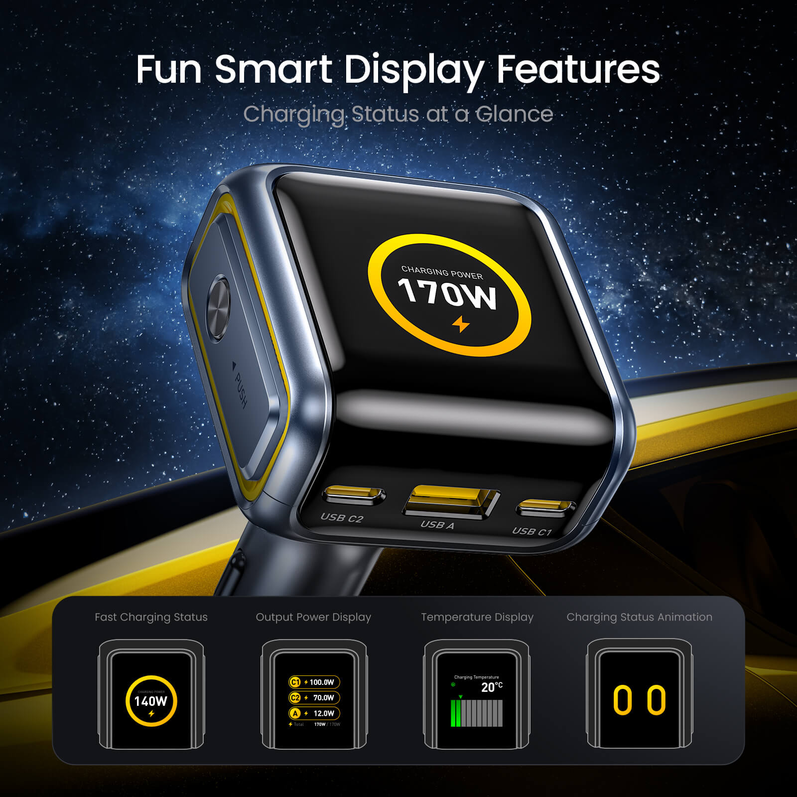 AOHI THE FUTURE AI PD GAN+ 170W 3-Port LED Display Fast Car Charger