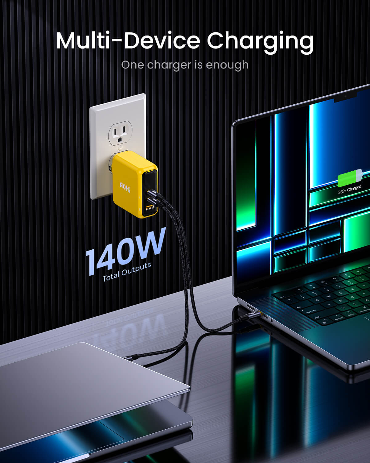 AOHI Magcube 140W GaN+ Fast Charger with 140W USB C to USB C LED Cable - AOHi