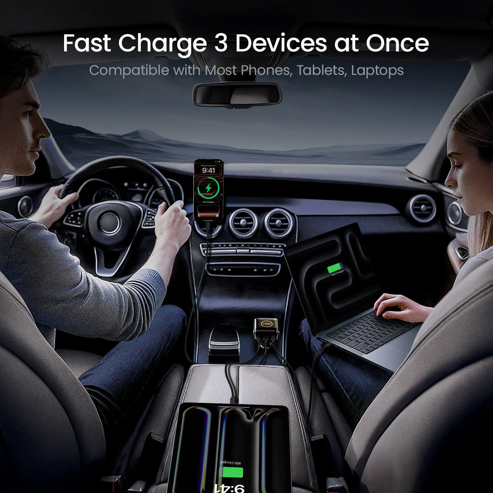 AOHI THE FUTURE AI PD GAN+ 170W 3-Port LED Display Fast Car Charger - AOHi