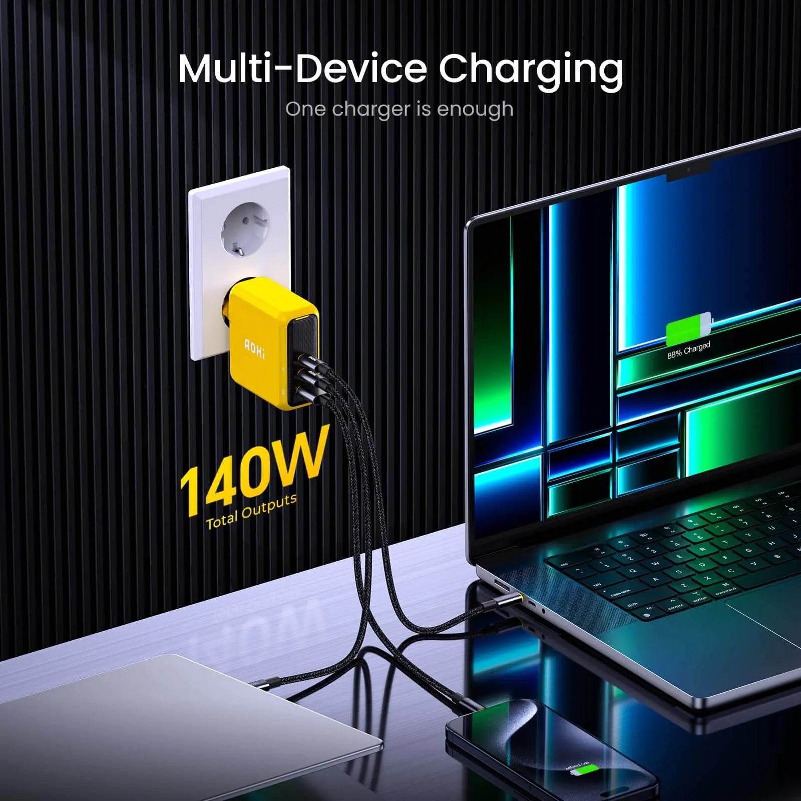 AOHI Magcube Pro 140W GaN+ 2 USBC and 1 USBA Fast Charger (EU) AOHi