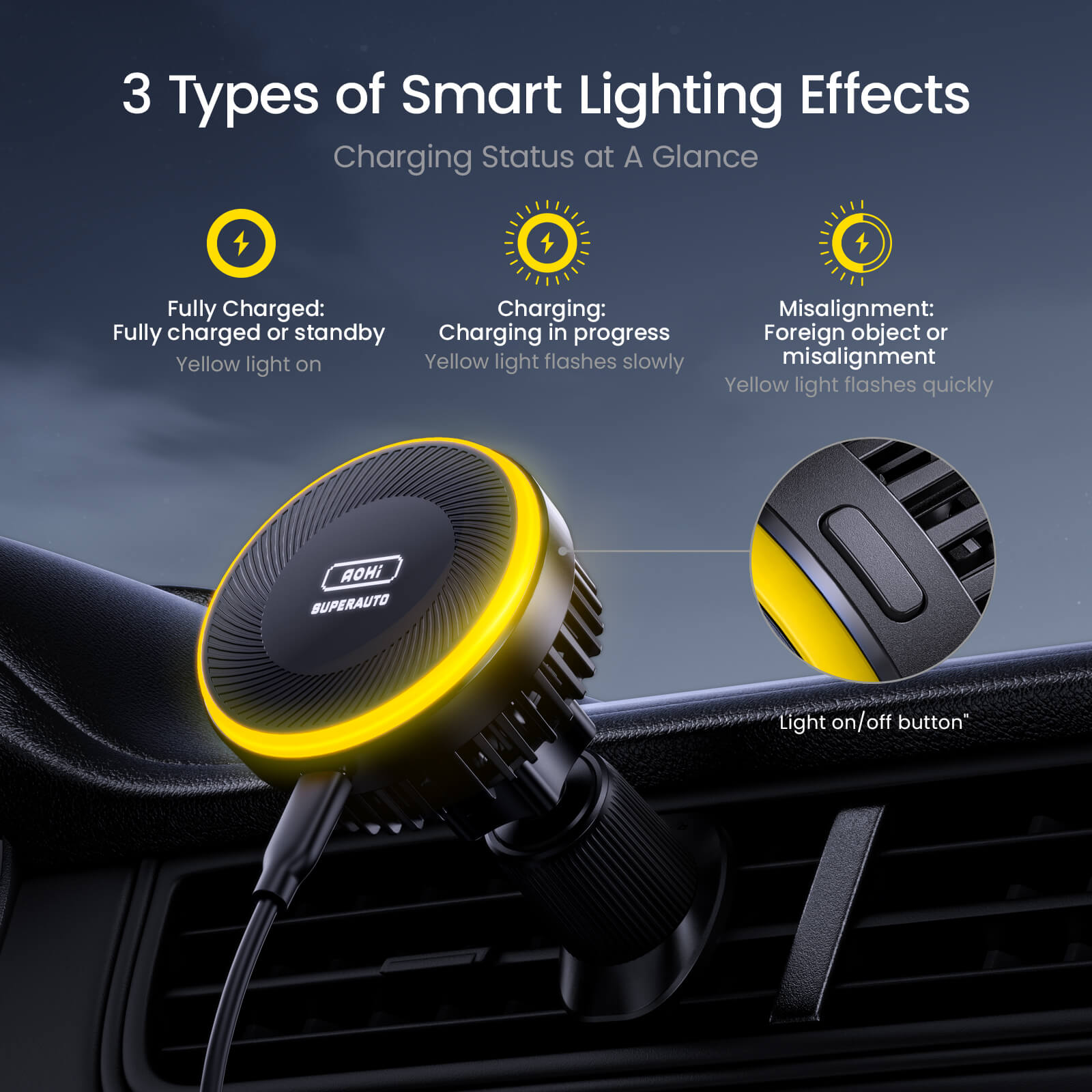 AOHI SUPERAUTO Self-Cooling Magnetic Wireless Car Charger with C-C Cable