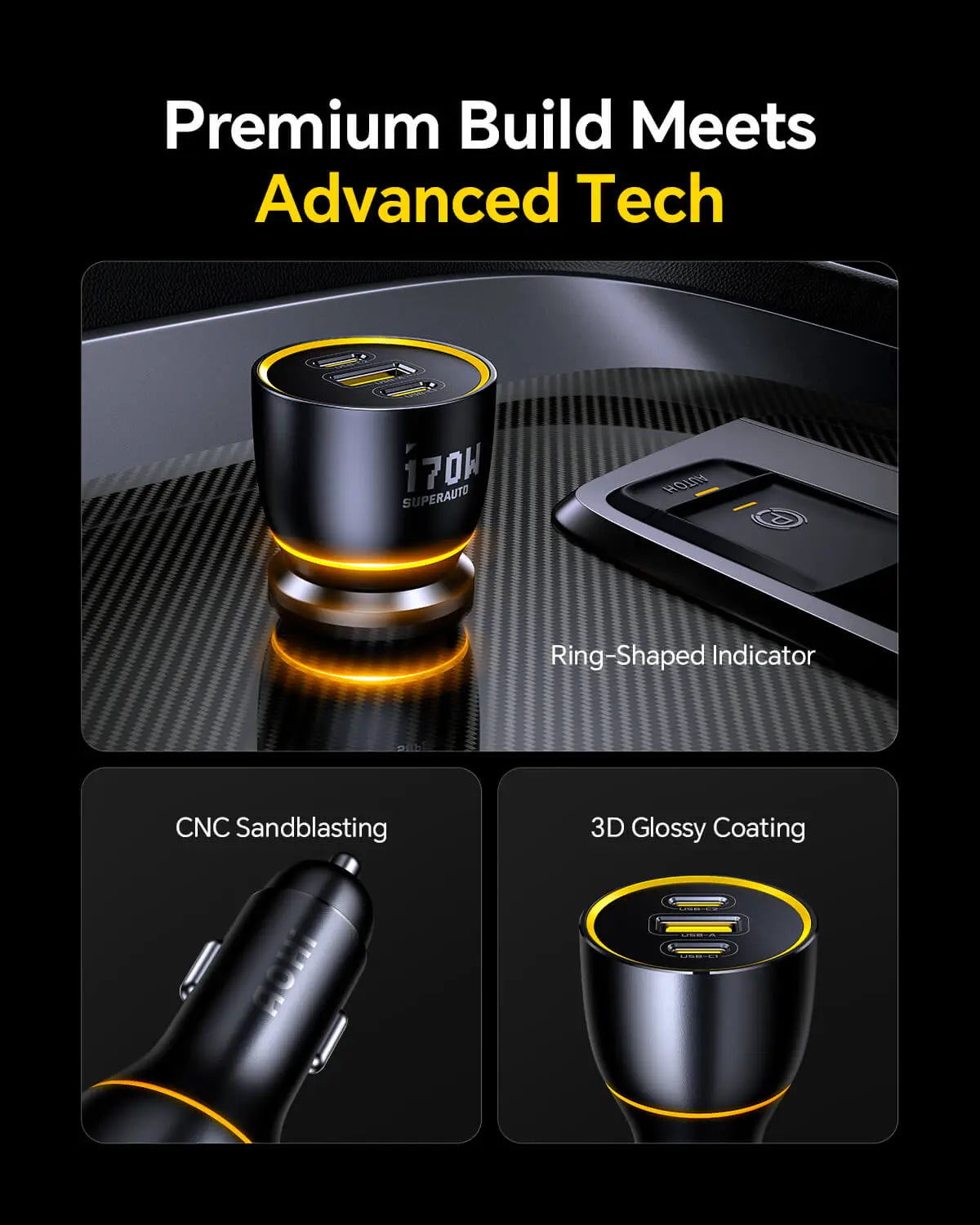 AOHI SUPERAUTO PD GAN 170W Fast Car Charger (2USB-C & 1USB-A) AOHi
