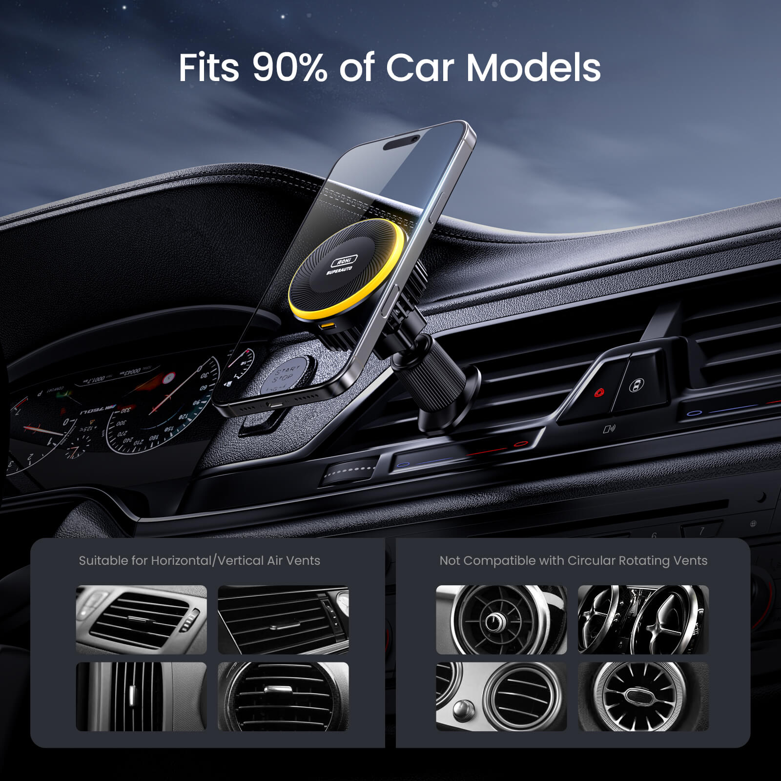 AOHI SUPERAUTO Self-Cooling Magnetic Wireless Car Charger with C-C Cable