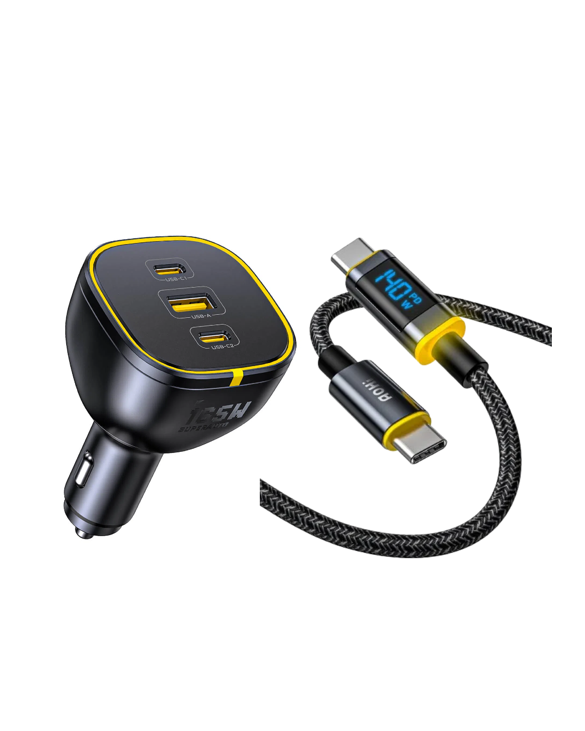 AOHI SUPERAUTO PD 165W Fast Car Charger with 140W USB C to USB C LED Cable 4FT