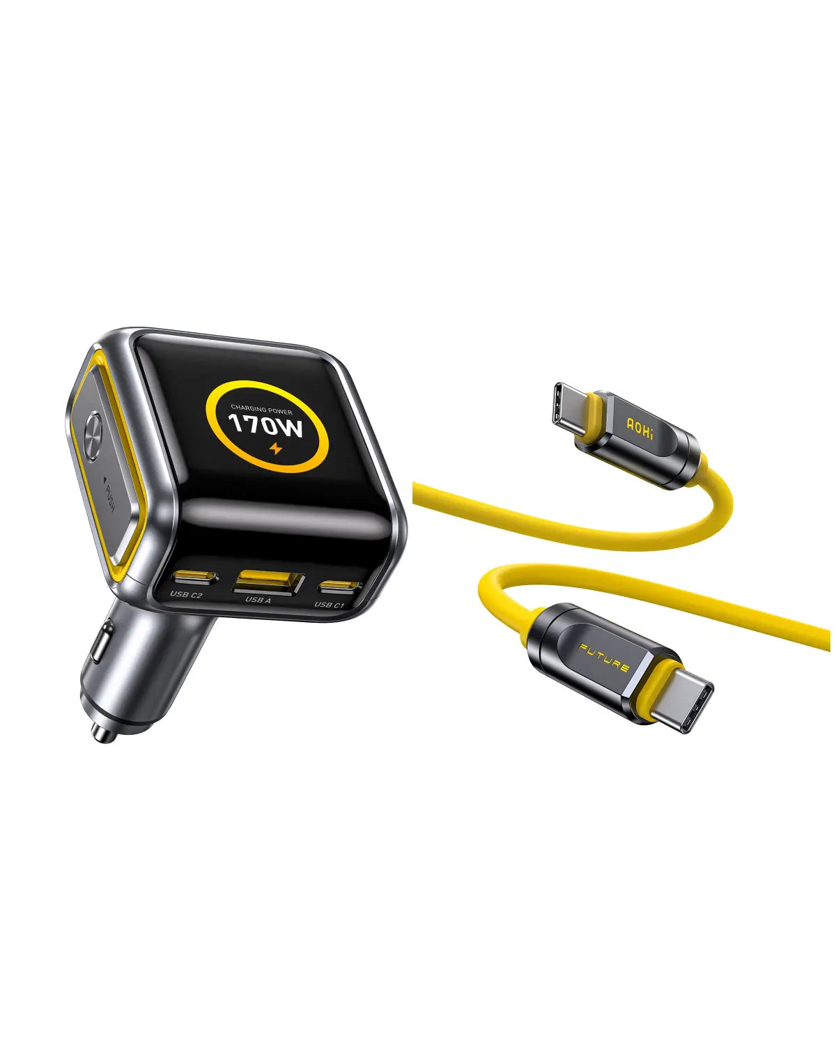 AOHI THE FUTURE AI PD GAN+ 170W 3-Port LED Display Fast Car Charger - AOHi