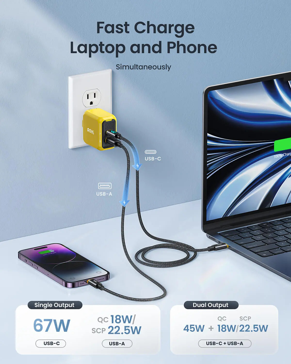 AOHI Magcube 67W Dual-Port Foldable GaN Charger with LED Cable Yellow (EU) AOHI Tech