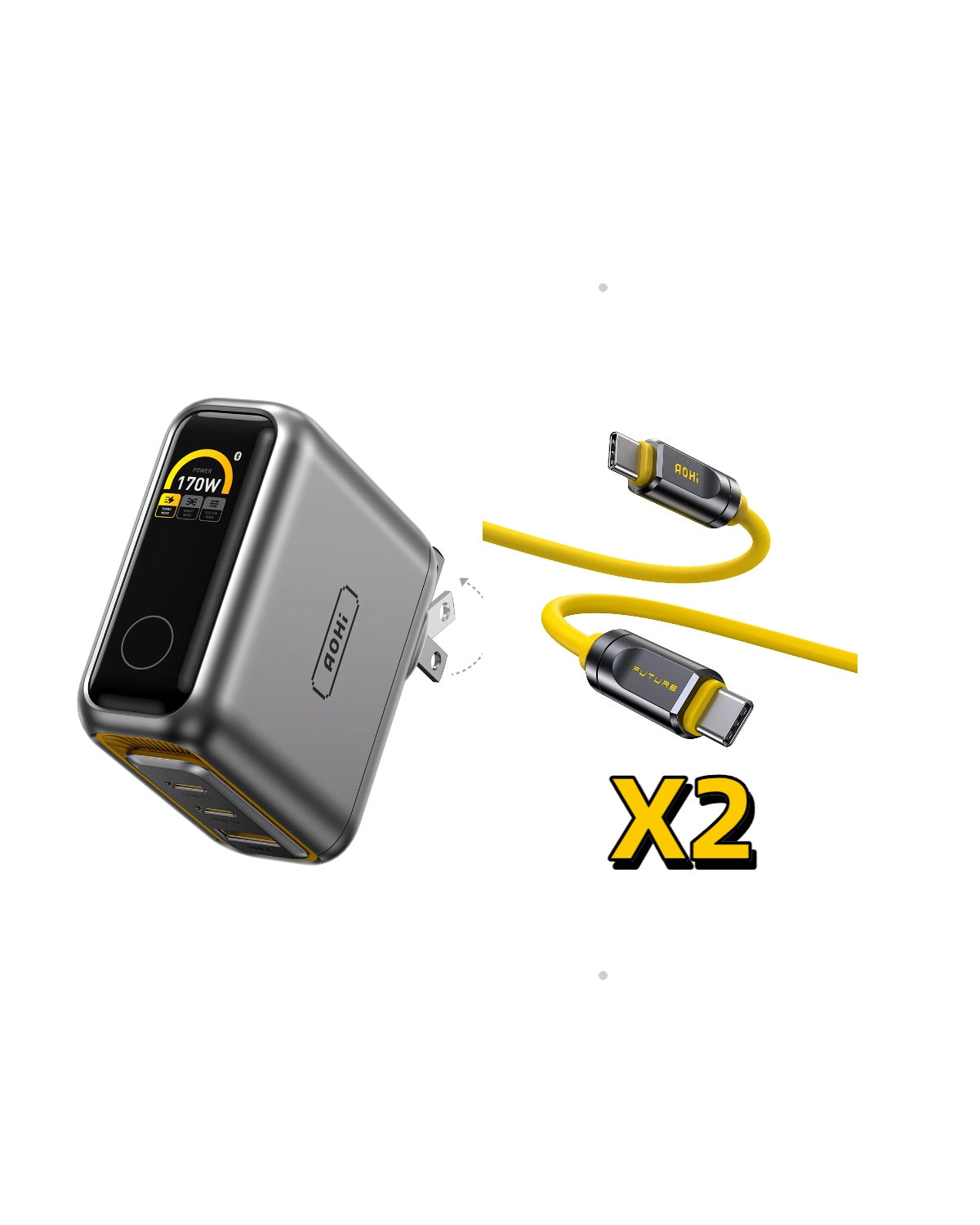 [BUNDLE] AOHI The Future AI PD 170W 3‑Port LED Display Wall Charger with Adonis USB4 2.0 USB-C to USB-C Cable