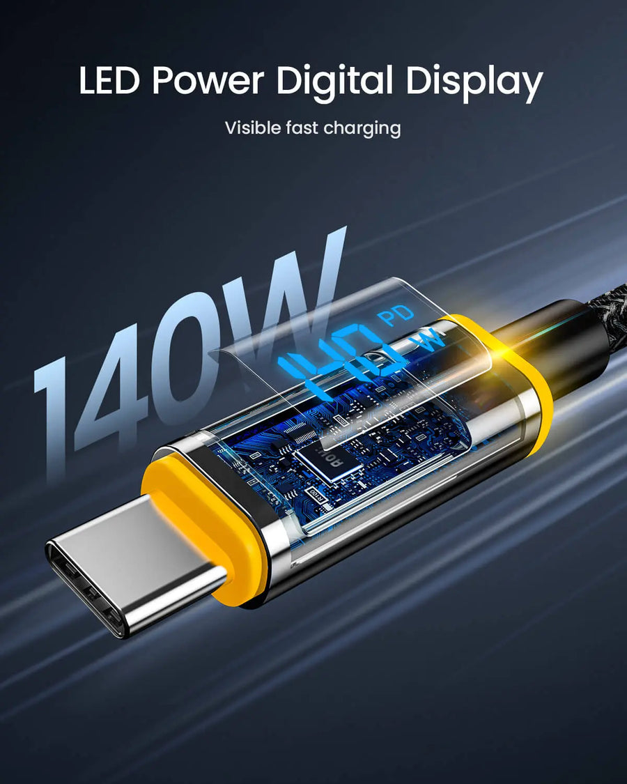 AOHI Magline+140W Nylon USB C to USB C LED Digital Display Cable 4ft