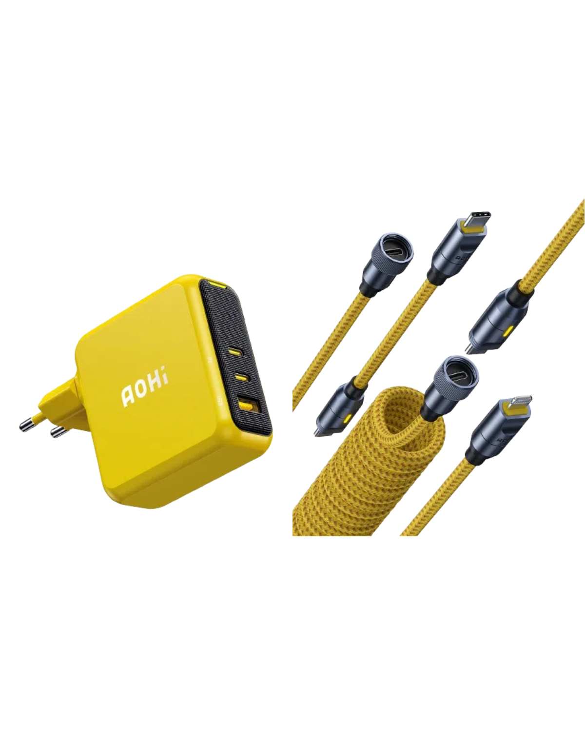 AOHI 240W 5 in 1 Nylon Creative Power Cable Set & Magcube  140W Pro GaN+ Fast Charger