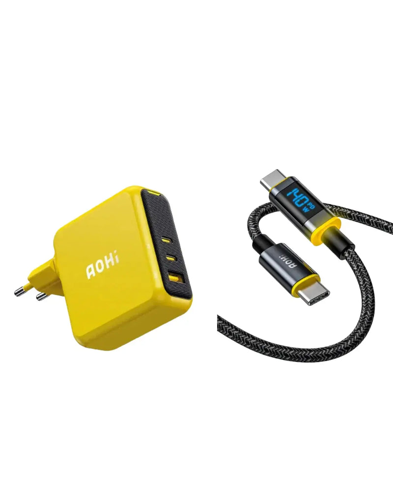 AOHi Magcube Pro 140W GaN+ (EU) Fast Charger with 240W PD3.2 USB C to USB C LED Cable 4FT