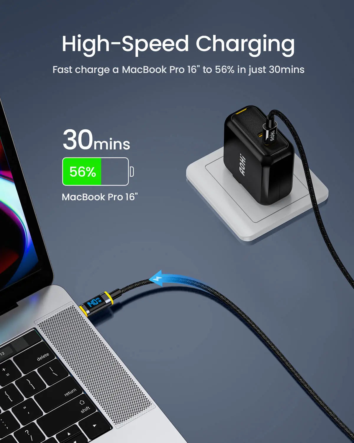 AOHI MAGLINE+140W NYLON USB C TO USB C LED DIGITAL DISPLAY CABLE 4FT