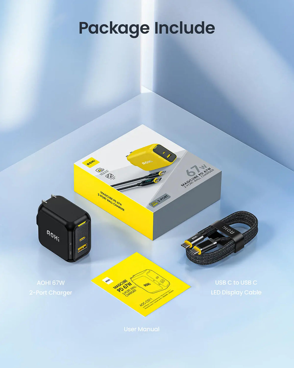 AOHI Magcube 67W Dual-Port Foldable GaN Charger with LED Cable (Yellow