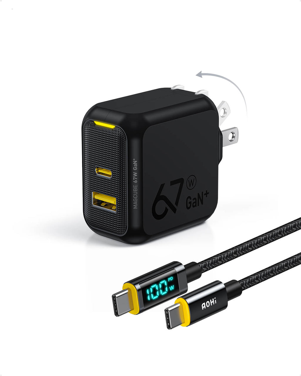 AOHI Magcube 67W Dual-Port Foldable GaN Charger with LED Cable  (Yellow/Black)
