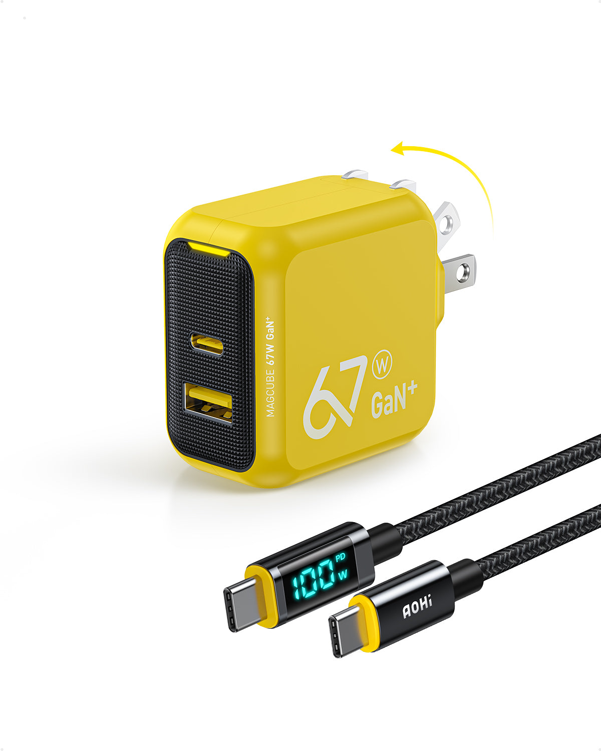 AOHI Magcube 67W Dual-Port Foldable GaN Charger with LED Cable (Yellow