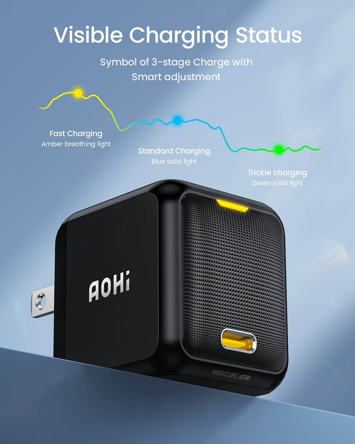 AOHI Cargador USB C PD de 65 W, GaN+ Magcube adaptador de corriente de  cargador de pared rápido con cable de pantalla LED USB C a USB C de 4 pies  para